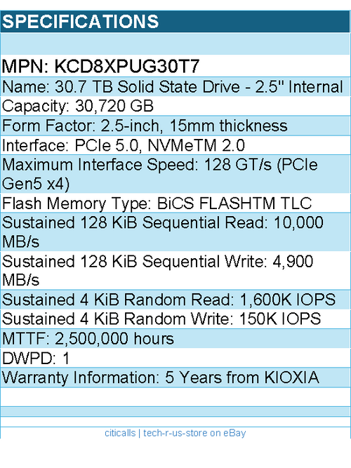 Kioxia KCD8XPUG30T7 SSD - 30.7T 2.5 PCIe5 CD8P-R SDF7280GEB 1 DWPD SIE Bare