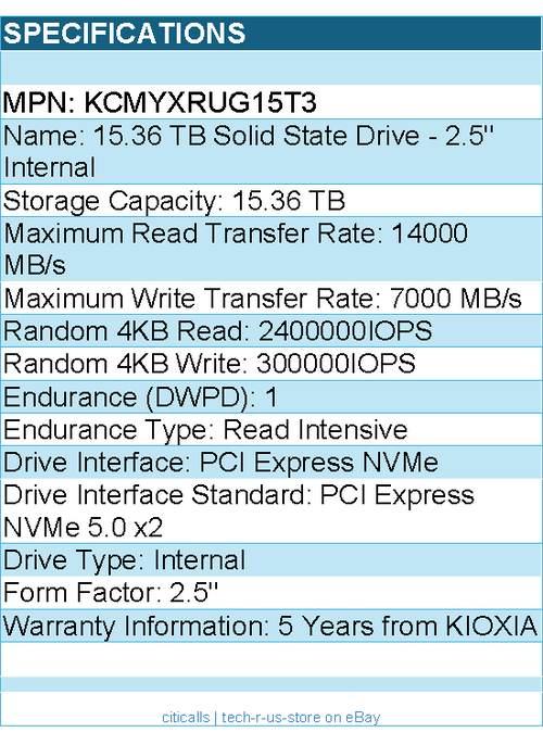 Kioxia KCMYXRUG15T3 SSD - 15.36TB 2.5 PCIe5 CM7-R SDF7081GEB SIE 1 DWPD Bare