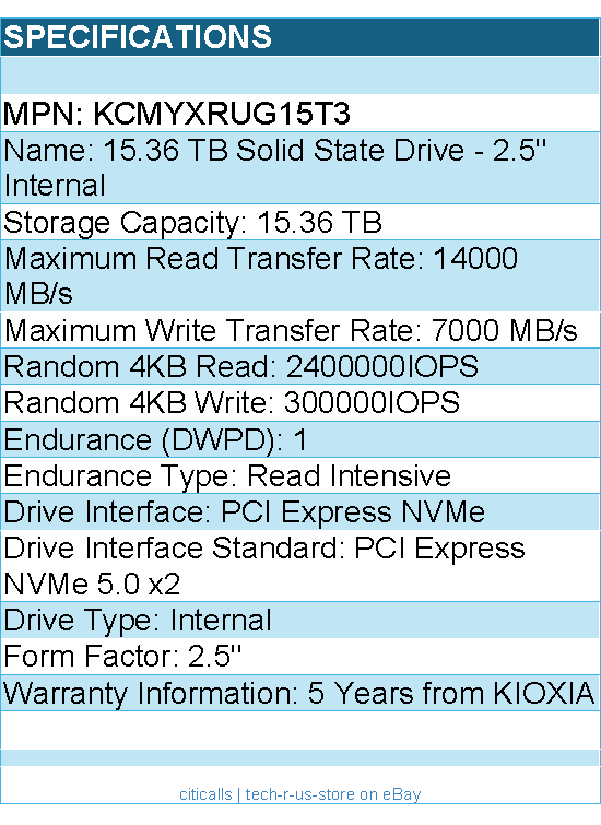 Kioxia KCMYXRUG15T3 SSD - 15.36TB 2.5 PCIe5 CM7-R SDF7081GEB SIE 1 DWPD Bare