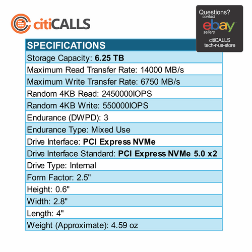 Kioxia KCMYXVUG6T40 CM7V- 6.25TB 2.5" NVMe 2.0 Server SATA SSD 14000mbs BULK