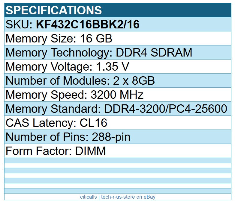 Kingston KF432C16BBK2/16 FURY Beast 16GB (2x8GB) DDR4 3200 PC4 SoDIMM Memory