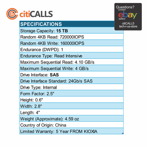 Kioxia KPM7XRUG15T3 PM7-R 15TB 2.5" Int NVMe SAS SSD Read Intensive BULK
