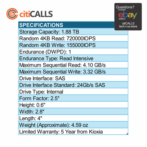 Kioxia KPM7XRUG1T92 PMT-R 1.88TB 2.5" Internal 24Gb/s SAS SSD ReadIntensive BULK