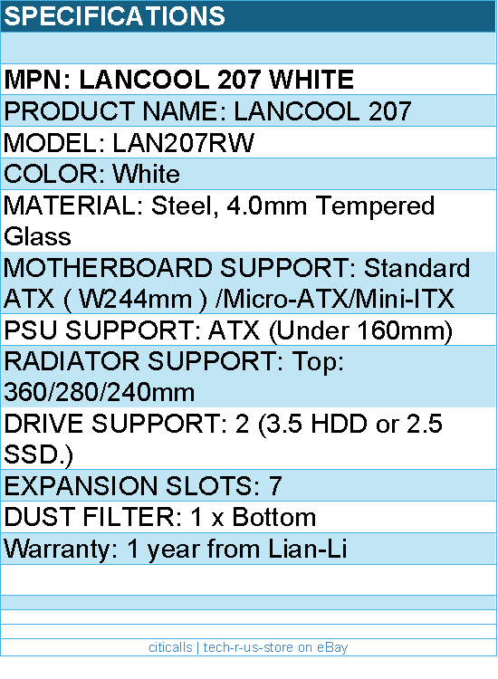 Lian-Li LANCOOL 207 White Computer Case - Mid Tower TG 2x3.5HDD or 2.5SSD White