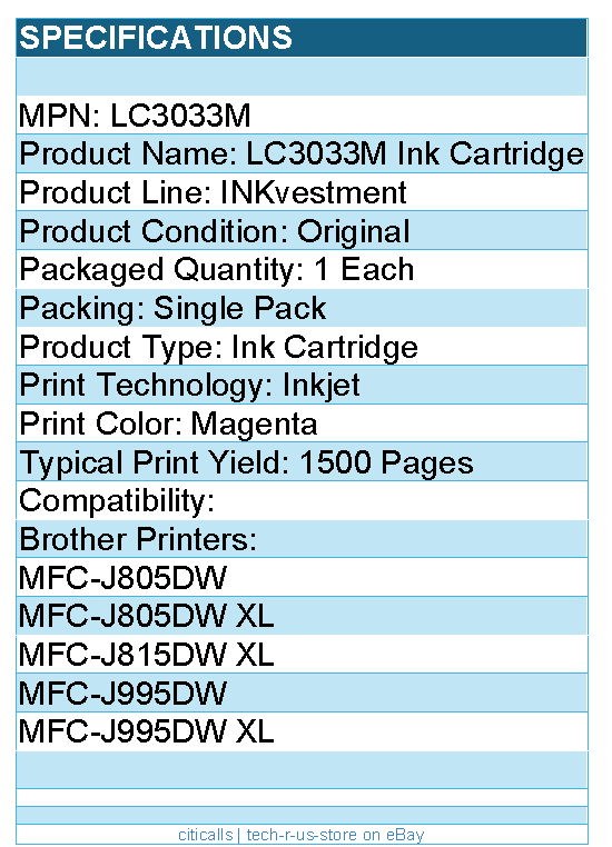 Brother LC3033M Super High-yield Magenta INKvestment Tank Ink Cartridge