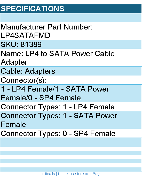 StarTech LP4SATAFMD LP4 to SATA Power Cable Adapter w/FDD Power F/F RTL