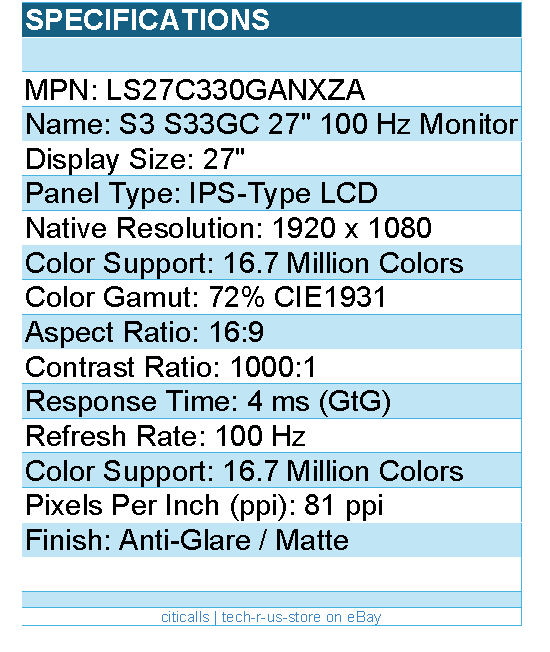 Samsung LS27C330GANXZA Monitor 27 IPS FHD LCD HDR 1920x1080 4ms 100Hz AntiGlare