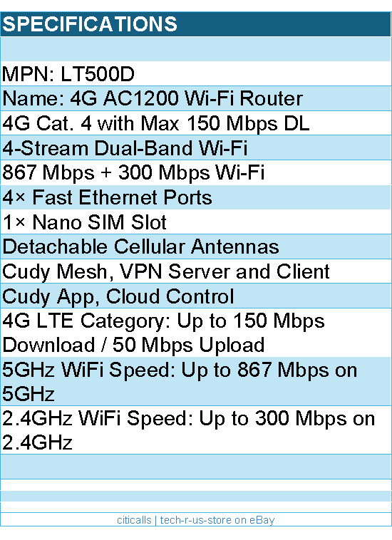 Cudy LT500D AC1200 Wi-Fi 4G LTE Cat.4 Router - 4 Fast Ethernet Ports