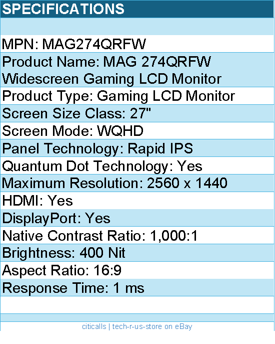 MSI MAG274QRFW 274QRFW 27" Class WQHD Rugged Gaming LCD Monitor - 16:9