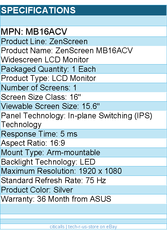 ASUS MB16ACV ZenScreen 16" Class LCD Monitor - 16:9 - Silver