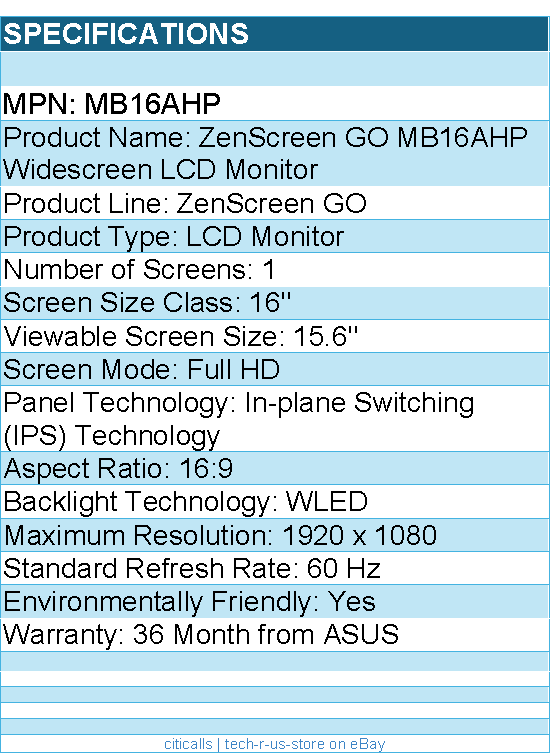 ASUS MB16AHP ZenScreen GO 16" Class Full HD LCD Monitor - 16:9 - Black, Gray