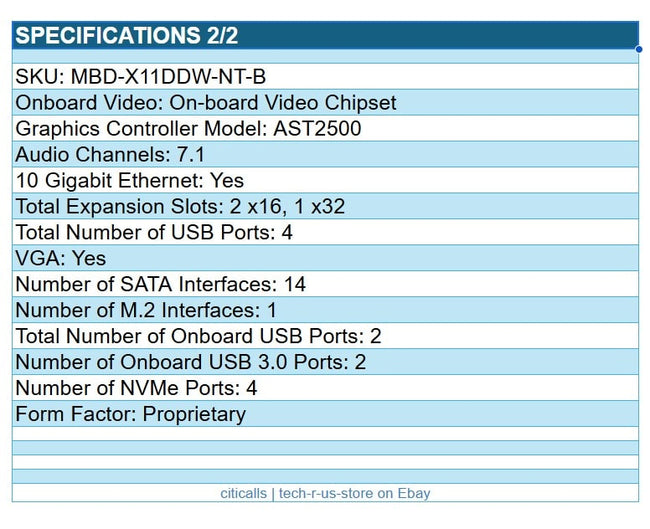 Supermicro MBD-X11DDW-NT-B Int C622 P LGA3647 Server Motherboard 12xDDR4 10G-Eth