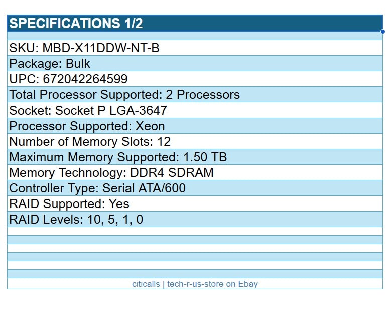 Supermicro MBD-X11DDW-NT-B Int C622 P LGA3647 Server Motherboard 12xDDR4 10G-Eth