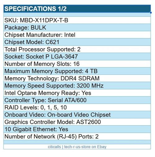 Supermicro MBD-X11DPX-T-B Int C621 P LGA3647 Server Motherboard 16x DDR4 10G-Eth