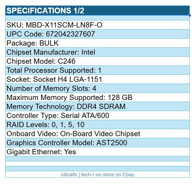 Supermicro MBD-X11SCM-LN8F-O Intel C246 H4 LGA1151 Server 4x DDR4 6x SATA G-Eth