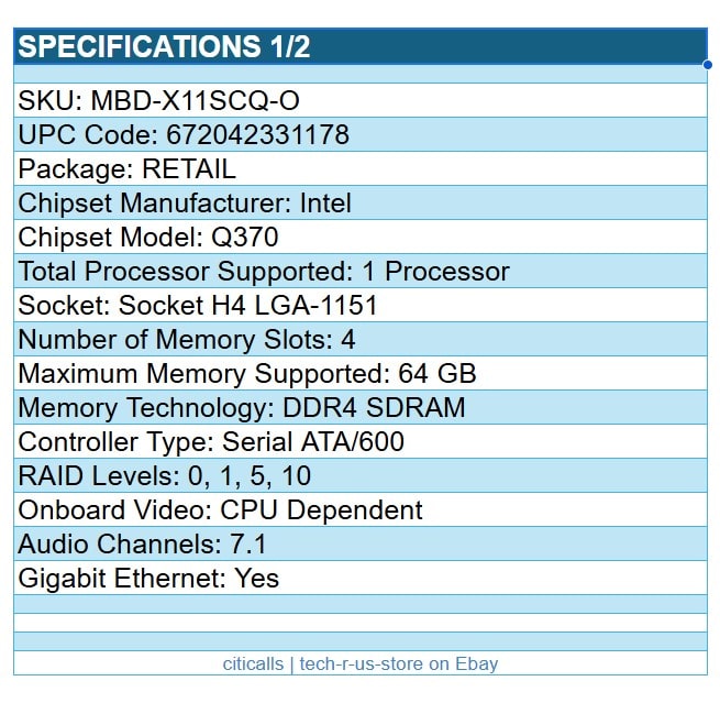 Supermicro MBD-X11SCQ-O Intel Q370 H4 LGA1151 Desktop 4x DDR4 6x SATA RAID G-ETH