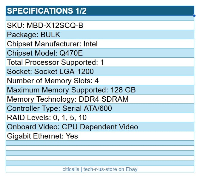 Supermicro MBD-X12SCQ-B Intel C621A LGA4189 Server 8x DDR4 10x SATA Raid 10G-ETH