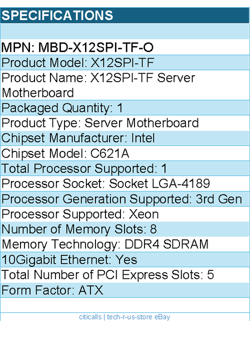 Supermicro MBD-X12SPI-TF-O X12SPI-TF Server Motherboard - Intel C621A - Retail