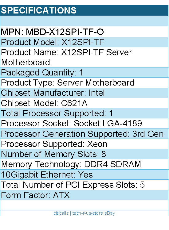 Supermicro MBD-X12SPI-TF-O X12SPI-TF Server Motherboard - Intel C621A - Retail