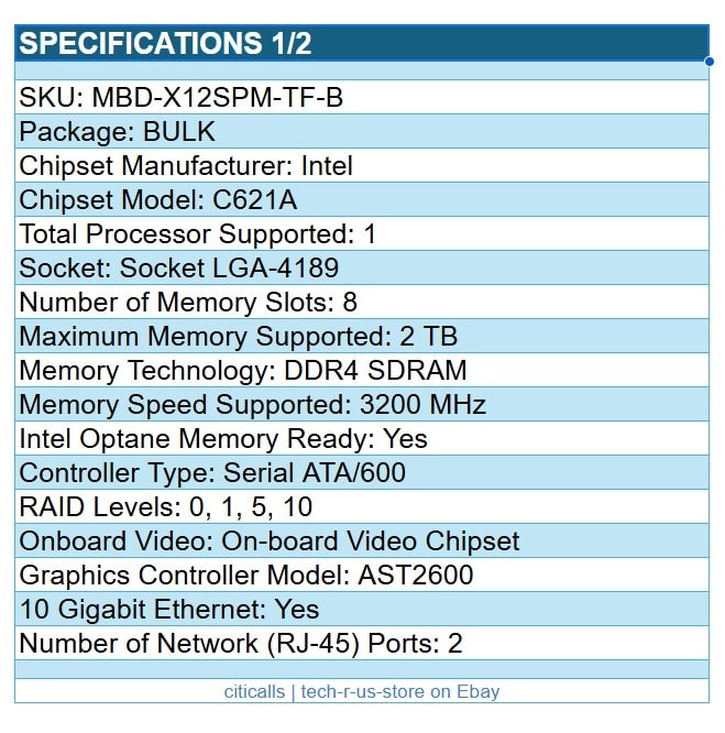 Supermicro MBD-X12SPM-TF-B Intel C621A LGA4189 Server 8x DDR4 10x SATA 10G-ETH