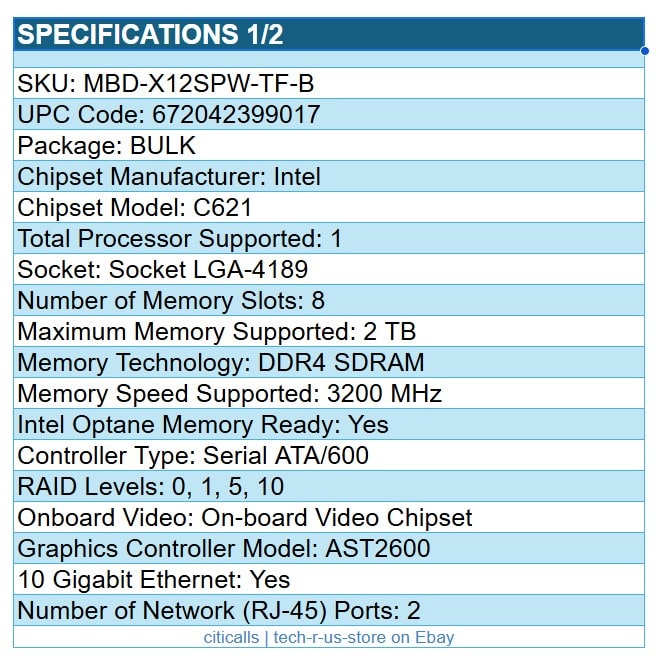 Supermicro MBD-X12SPW-TF-B Intel C621 LGA4189 Workstat 8x DDR4 10x SATA 10G-ETH