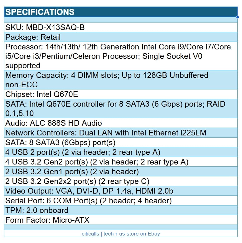 Supermicro MBD-X13SAQ-B Intel Q670E Single Socket V0 mATX 4xDDR5 8xSATA 2xG-Eth