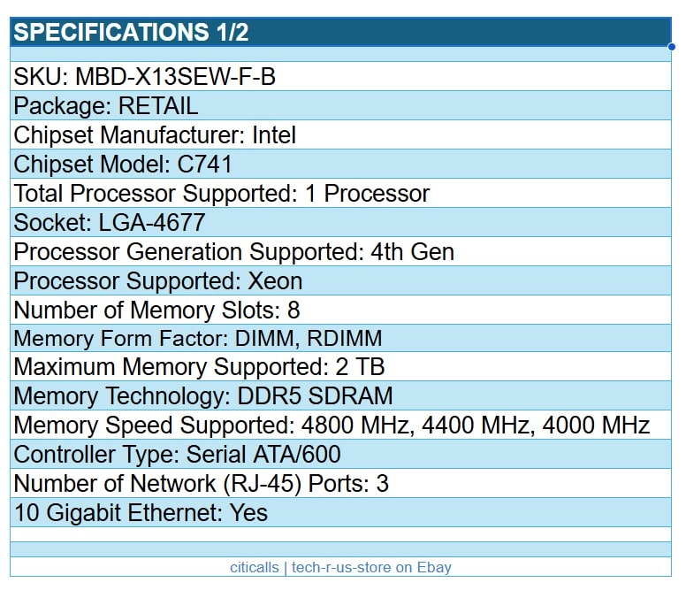 Supermicro MBD-X13SEW-F-B Intel C741 Server LGA4677 8x DDR5 SATA G-ETH Prop WIO