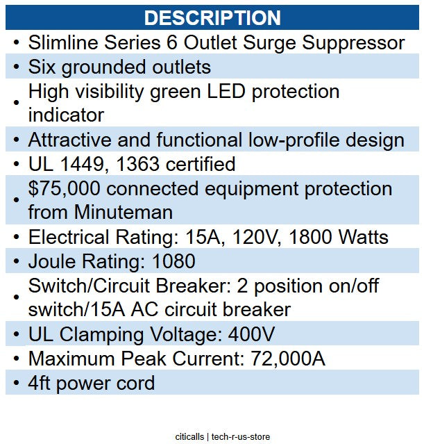 MINUTEMAN UPS MM-MMS664S Slimline 6 Outlet Surge Strip- 1080J