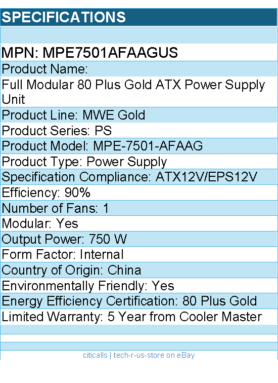 Cooler Master MPE7501AFAAGUS Full Modular 80 Plus Gold ATX Power Supply Unit