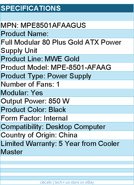 Cooler Master MPE8501AFAAGUS Full Modular 80 Plus Gold ATX Power Supply Unit