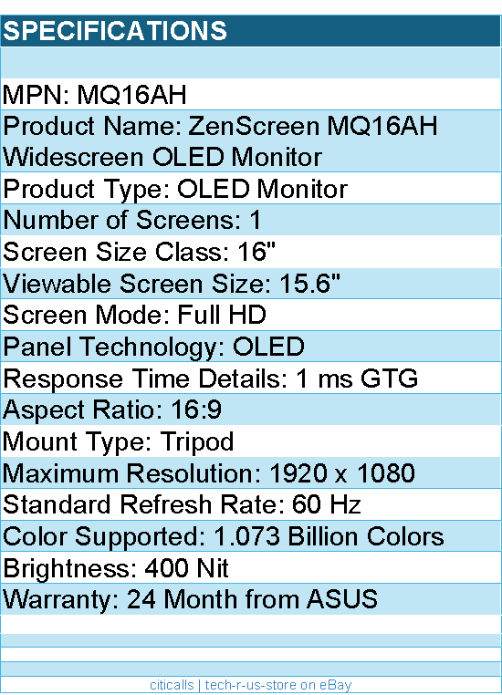 ASUS MQ16AH  ZenScreen 16" Class Full HD OLED Monitor - 16:9 - 1920 x 1080