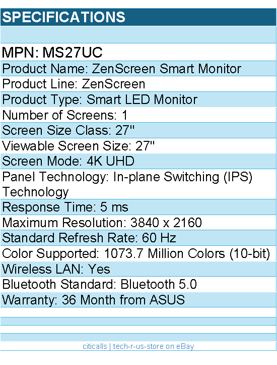 ASUS MS27UC ZenScreen 27" Class 4K UHD Smart LED Monitor - 16:9 - Silver
