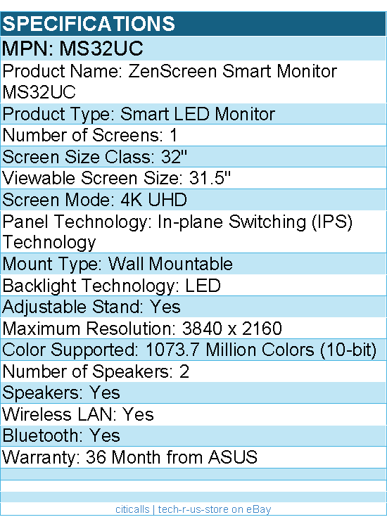 ASUS MS32UC ZenScreen 32" Class 4K UHD Smart LED Monitor - 16:9 - Silver