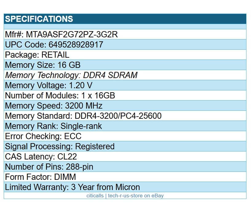 Micron MTA9ASF2G72PZ-3G2R 16GB DDR4-3200/PC4-25600 CL22 ECC Reg 288-PIN RAM MEM