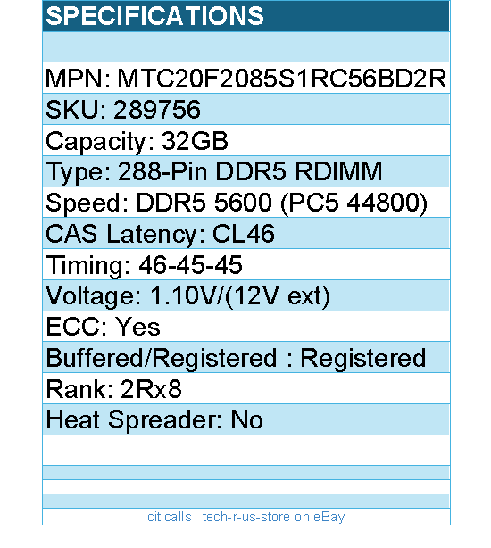 Micron MTC20F2085S1RC56BD2R ECC Registered DDR5 5600 (PC5 44800) Server Memory
