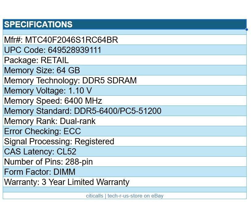 Micron MTC40F2046S1RC64BR 64GB DDR5--6400 CL52 DIMM ECC REG 288-PIN DIMM RAM MEM