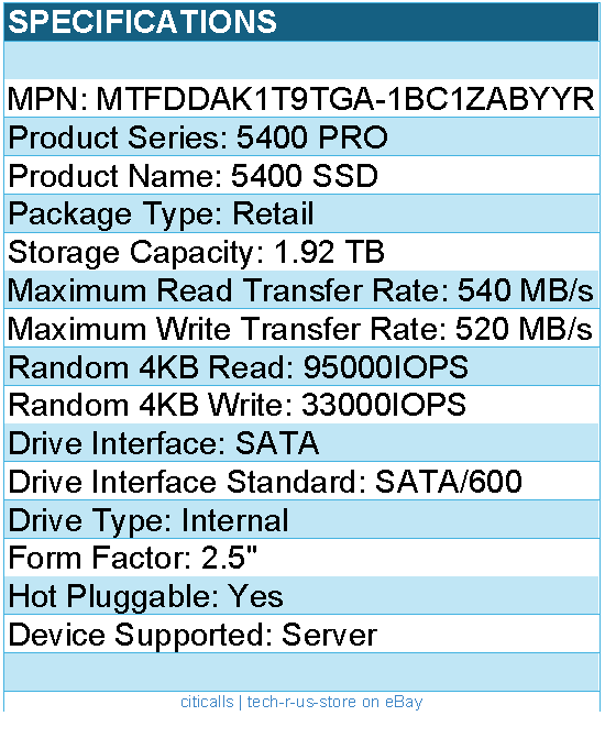 Micron MTFDDAK1T9TGA-1BC1ZABYYR SSD - 1.9T 5400 Pro 2.5 SATA Retail