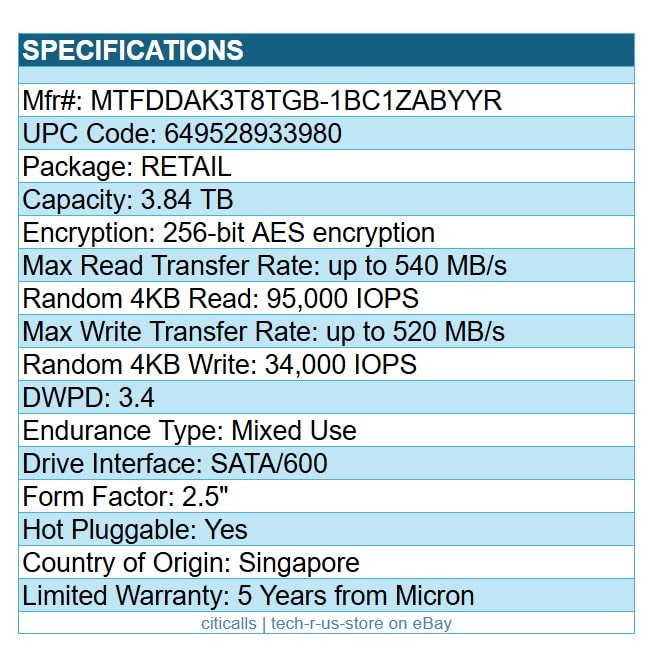 Micron MTFDDAK3T8TGB-1BC1ZABYYR 3.84TB 5400 MAX 2.5" SSD SATA/600 256-Bit AES