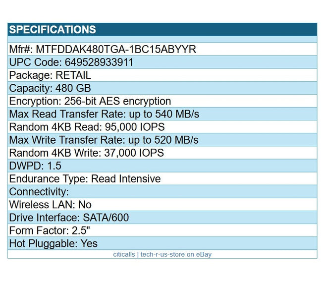 Micron MTFDDAK480TGA-1BC15ABYYR 480GB 5400 PRO 2.5" SSD SATA/600 256-Bit AES