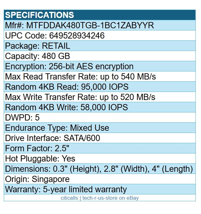 Micron MTFDDAK480TGB-1BC1ZABYYR 480GB 5400 MAX 2.5" SSD SATA/600 256-Bit AES