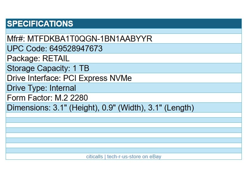 Micron MTFDKBA1T0QGN-1BN1AABYYR 1TB 2500 M.2 2280 SSD PCIe NVMe Solid State
