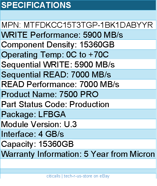 Micron MTFDKCC15T3TGP-1BK1DABYYR SSD - 15.3TB 7500 Pro U.3(15mm) TCG Retail