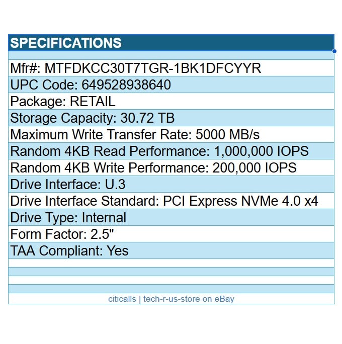 Micron MTFDKCC30T7TGR-1BK1DFCYYR 6500 ION 30.72TB 2.5" SSD U.3 PCIe NVMe 4.0 TAA
