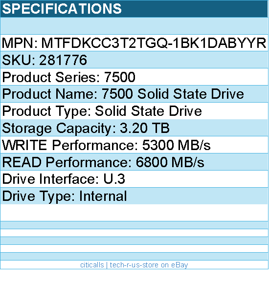 Micron MTFDKCC3T2TGQ-1BK1DABYYR SSD - 3.2TB 7500 MAX U.3(15mm) TCG Retail