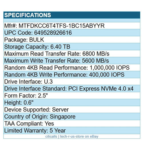 Micron MTFDKCC6T4TFS-1BC15ABYYR 7450 MAX 6.40TB 2.5" SSD  U.3 PCIe NVMe 4.0 TAA