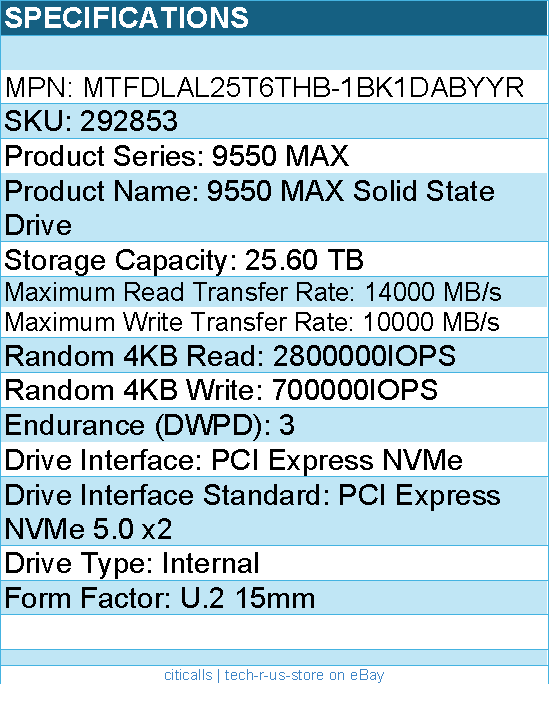 Micron MTFDLAL25T6THB-1BK1DABYYR SSD - 25.6TB 9550 MAX NVMe U.2 15mm Retail