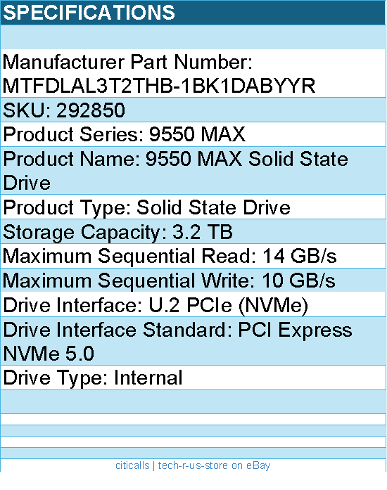 Micron MTFDLAL3T2THB-1BK1DABYYR SSD - 3.2TB 9550 MAX NVMe U.2 15mm Retail