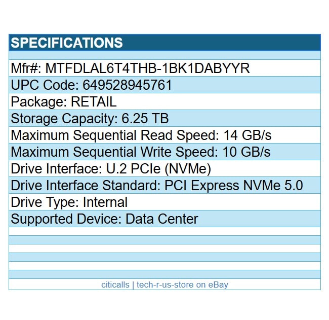 Micron MTFDLAL6T4THB-1BK1DABYYR 9550 MAX 6.25TB SSD U.2 PCIe NVMe 5.0 RETAIL