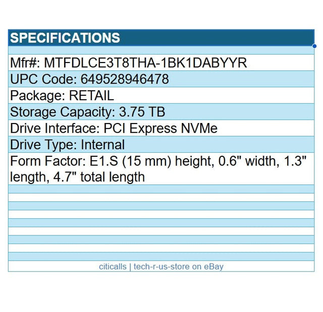 Micron MTFDLCE3T8THA-1BK1DABYYR 9550 PRO 3.75TB SSD E1.S Internal PCIe NVMe 5.0