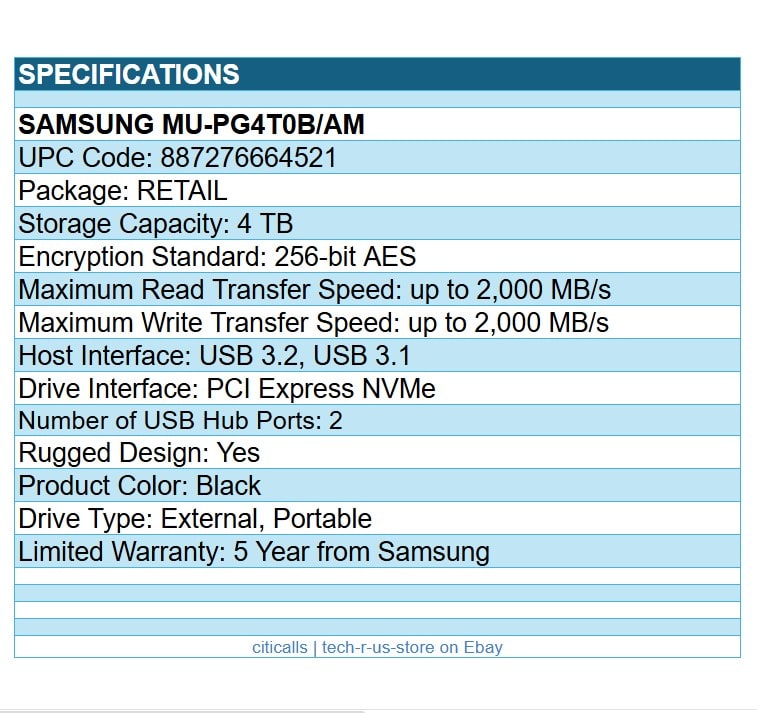 Samsung MU-PG4T0B/AM 4TB T9 Portable USB Rugged Solid State Drive PCIe NVMe BLK